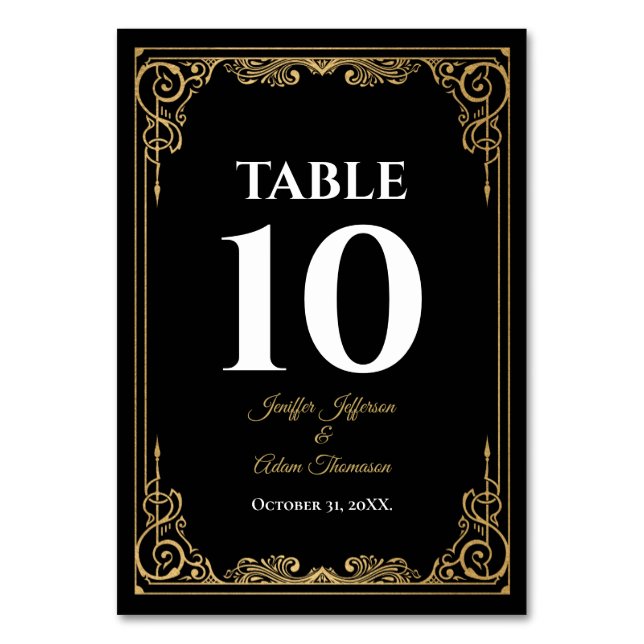 Elegant black and gold Gothic Wedding Table Number (Front)