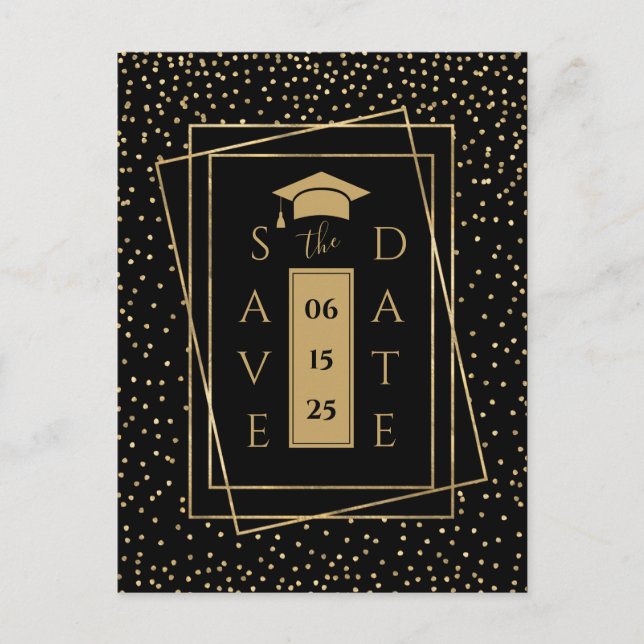 Elegant Black and Gold Graduation Party Announcement Postcard (Front)