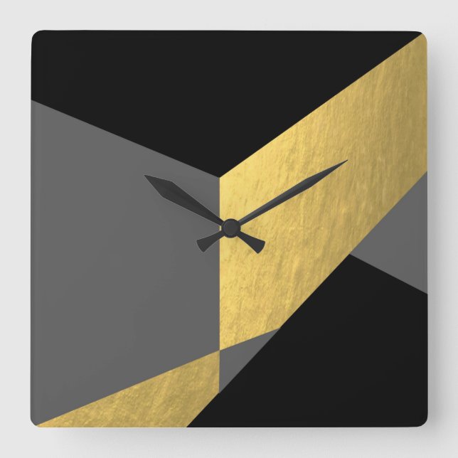 Elegant black and gold grey colour blocks square wall clock (Front)