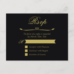 Elegant Black and Gold Heart Flourish RSVP Invitation Postcard