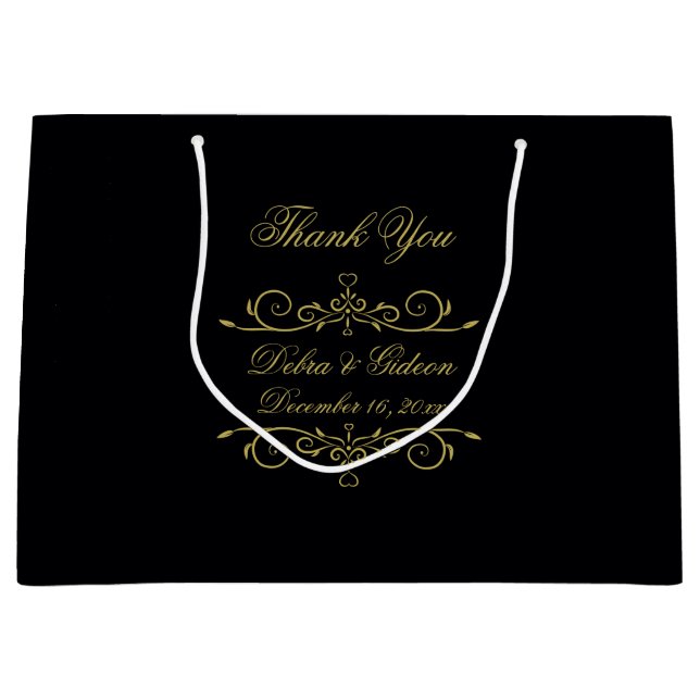 Elegant Black and Gold Heart Flourish Thank You Large Gift Bag (Front)