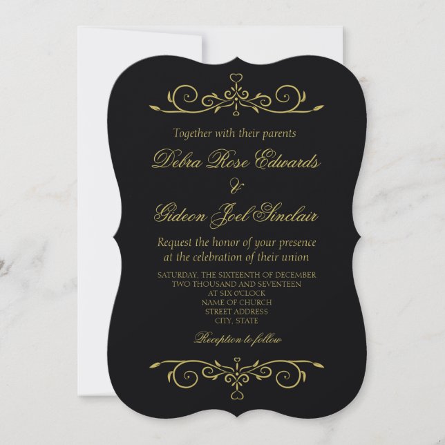 Elegant Black and Gold Heart Flourish Wedding Invitation (Front)