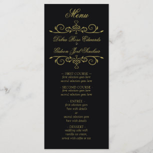 Elegant Black and Gold Heart Flourish Wedding Menu