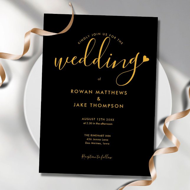 Elegant Black And Gold Heart Script Wedding Invitation (Creator Uploaded)