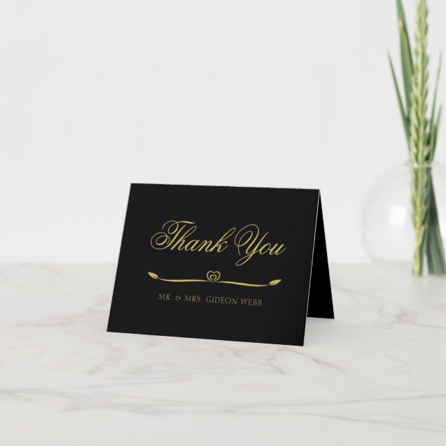 Elegant Black and Gold Heart Wedding Thank You (Front)
