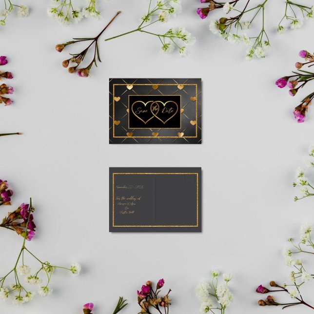 Elegant Black and Gold Hearts Save the Date Postcard (Creator Uploaded)
