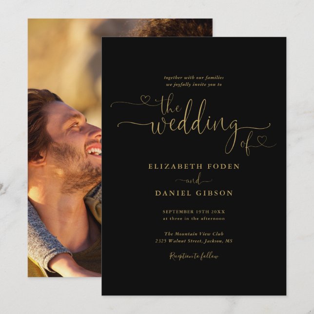 Elegant Black And Gold Hearts Script Photo Wedding Invitation (Front/Back)
