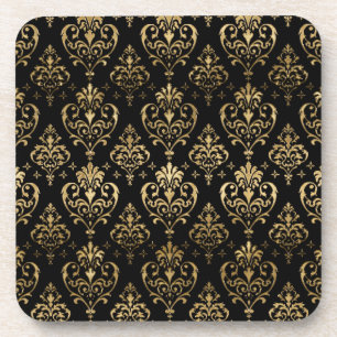 Elegant Black and Gold Hearts Valentine's Damask Coaster