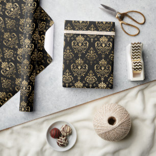 Elegant Black and Gold Hearts Valentine's Damask Wrapping Paper