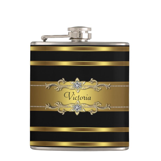 Elegant Black and Gold Hip Flask (Front)