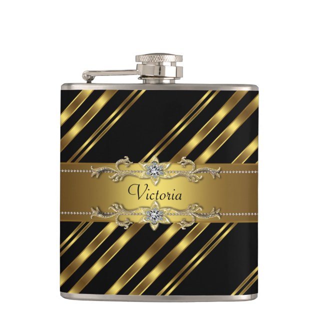 Elegant Black and Gold Hip Flask (Front)