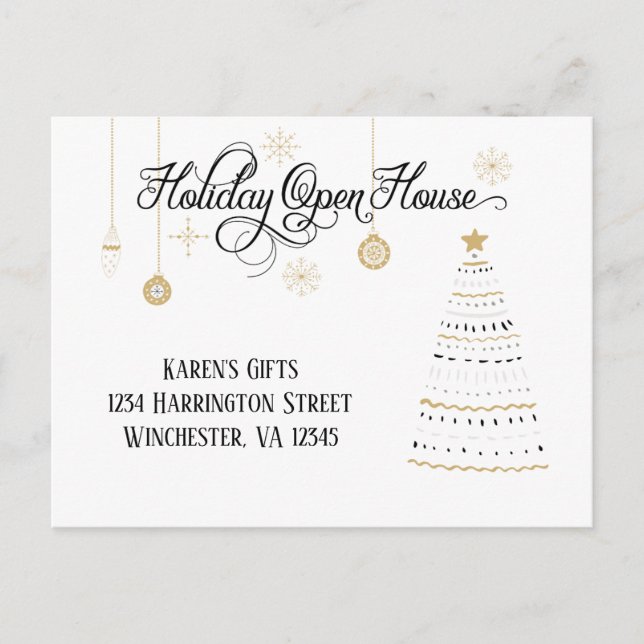 Elegant Black and Gold Holiday Open House | Postcard (Front)