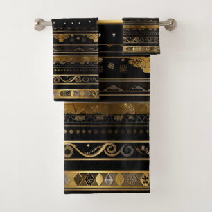 Elegant Black And Gold Horizontal Striped Bath Towel Set