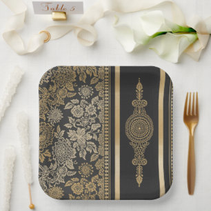 Elegant Black and Gold Lace Floral Wedding Paper Plate