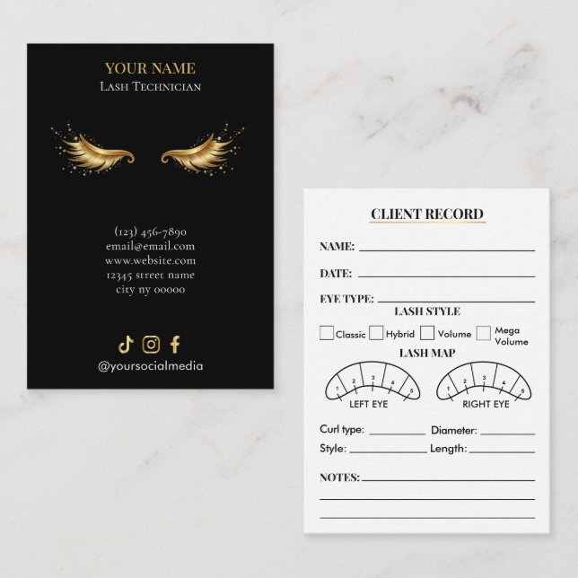 Elegant Black and gold Lash Client Record Form Business Card (Front/Back)