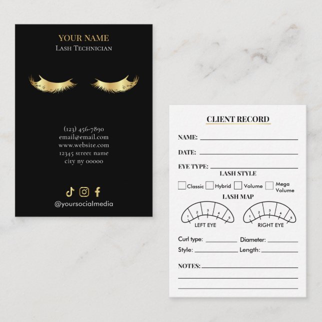 Elegant Black and gold Lash Client Record Form Business Card (Front/Back)