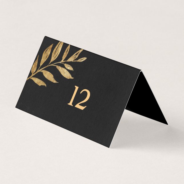 Elegant Black and Gold Leaves Table Card (Front)