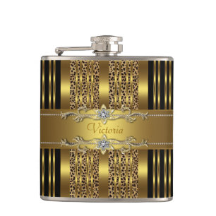Elegant Black and Gold Leopard Hip Flask
