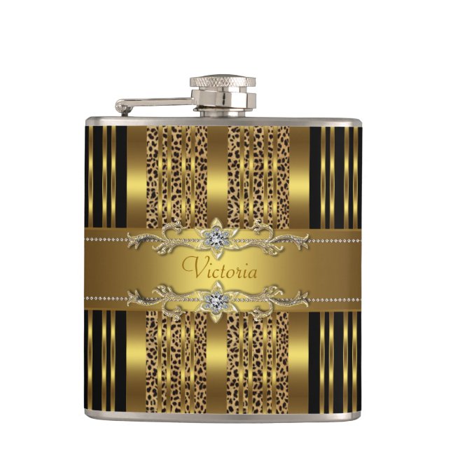 Elegant Black and Gold Leopard Hip Flask (Front)