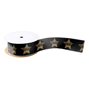 Elegant Black and Gold Look Christmas Stars Satin Ribbon