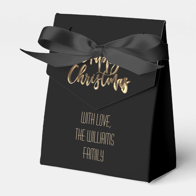 Elegant Black and Gold Look Script Happy Christmas Favor Box (Front Side)