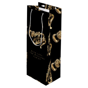 Elegant Black and Gold Look Script Merry Christmas Wine Gift Bag