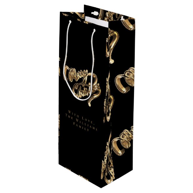 Elegant Black and Gold Look Script Merry Christmas Wine Gift Bag (Front Angled)