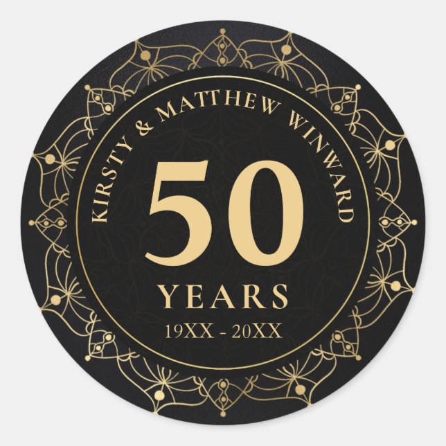 Elegant Black and Gold Mandala 50th Anniversary Classic Round Sticker (Front)
