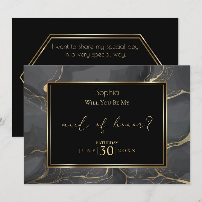 Elegant Black and Gold Marble  Maid of Honour Invitation (Front/Back)