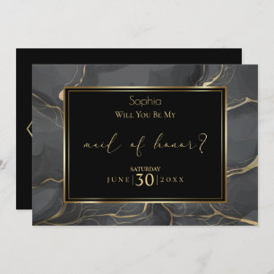 Elegant Black and Gold Marble Maid of Honour Invitation