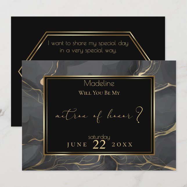 Elegant Black and Gold Marble Matron of Honour Invitation (Front/Back)