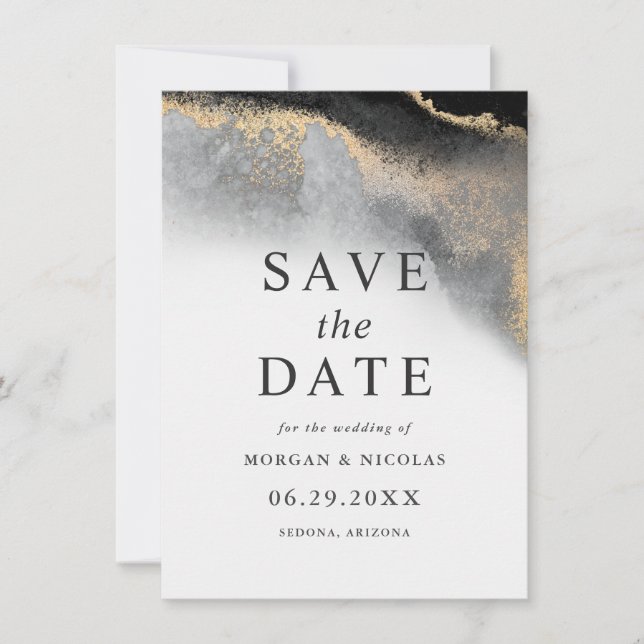 Elegant Black and Gold Marble Photo Save the Date (Front)