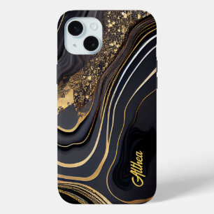 Elegant Black and Gold Marbled Customizable Name  iPhone 15 Mini Case