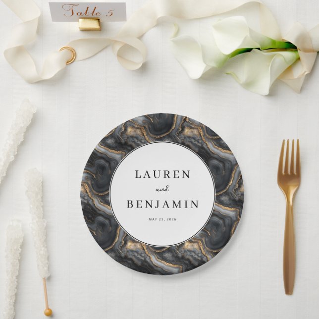Elegant Black and Gold Marbled Paper Plate (Wedding)