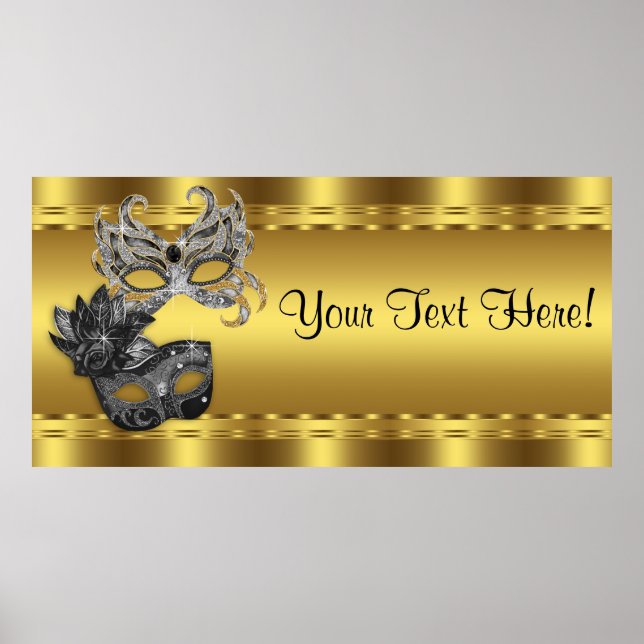 Elegant Black and Gold Masquerade Party Banner Poster (Front)