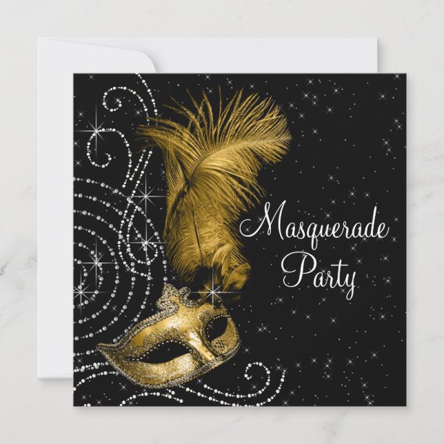 Elegant Black and Gold Masquerade Party Invitation (Front)