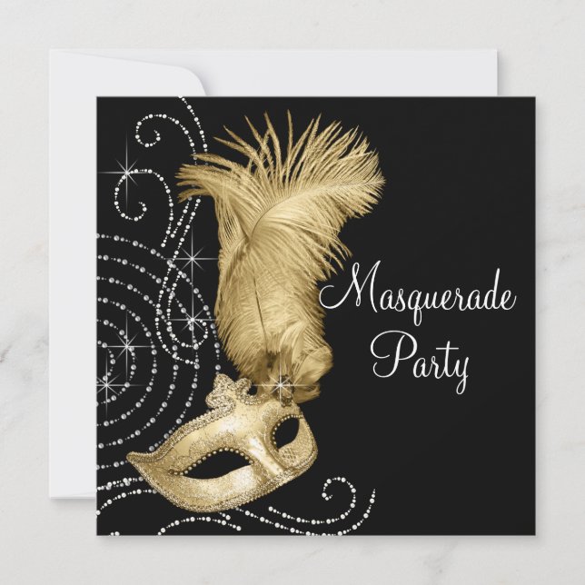 Elegant Black and Gold Masquerade Party Invitation (Front)
