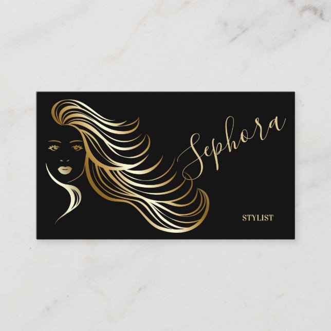 Elegant Black and Gold Metallic Foil Hair Stylist Business Card (Front)