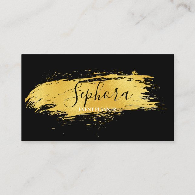 Elegant Black and Gold Metallic Foil Paint Stroke Business Card (Front)