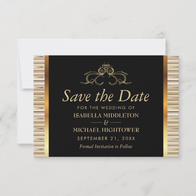 Elegant Black and Gold Metallic Wedding Save The Date (Front)