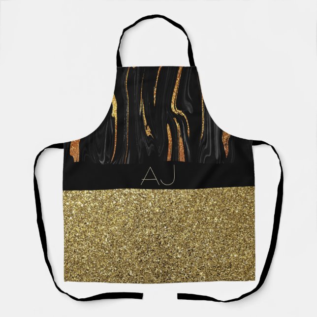 Elegant Black and Gold Monogram Apron (Front)