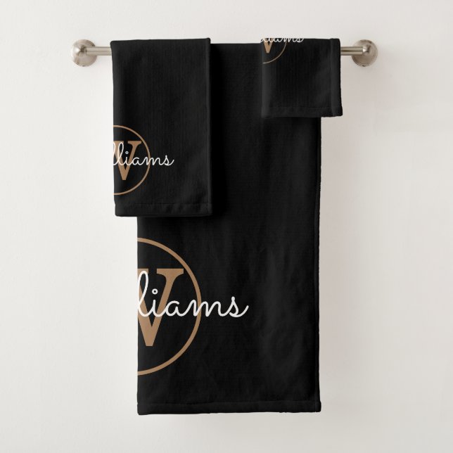 Elegant Black and Gold Monogram Bath Towel Set (Insitu)