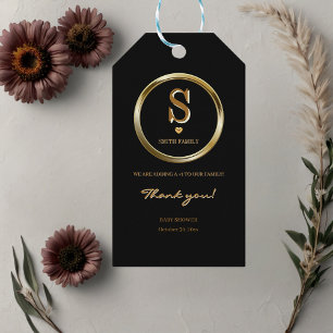 Elegant Black and Gold Monogram Family Baby Shower Gift Tags