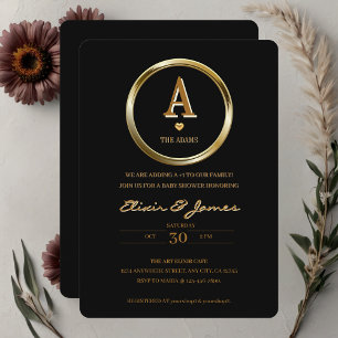 Elegant Black and Gold Monogram Family Baby Shower Invitation