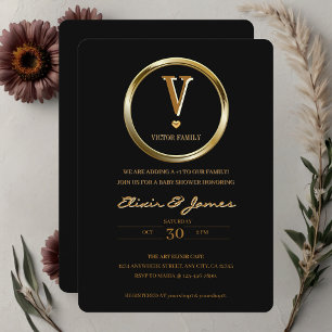 Elegant Black and Gold Monogram Family Baby Shower Invitation