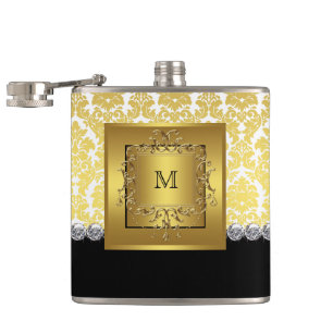 Elegant Black and Gold Monogram Hip Flask