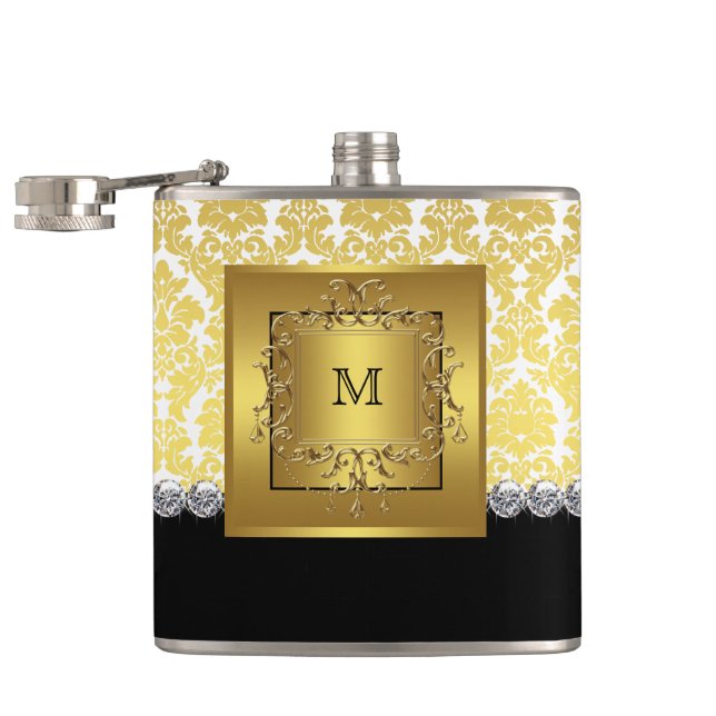 Elegant Black and Gold Monogram Hip Flask (Opened)