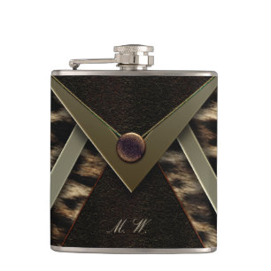 Elegant Black and Gold Monogram Leopard Hip Flask