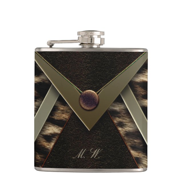 Elegant Black and Gold Monogram Leopard Hip Flask (Front)