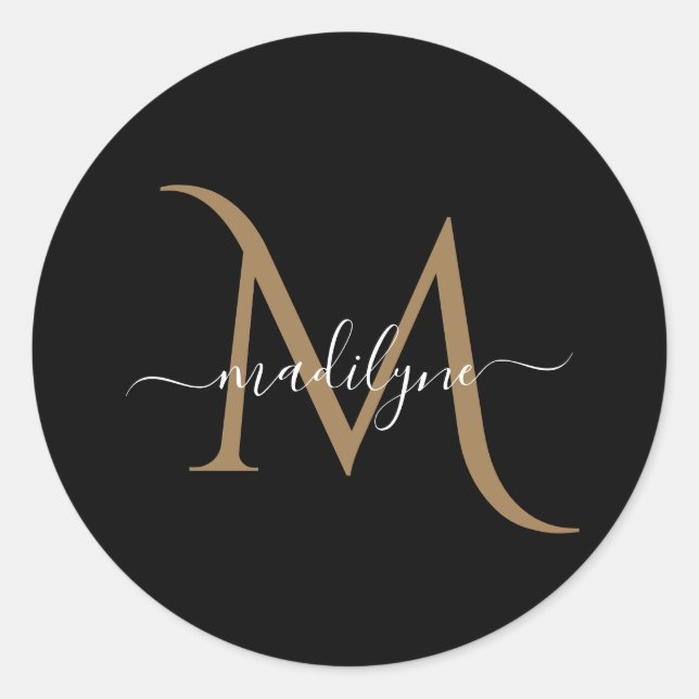 Elegant Black and Gold Monogram Script Name      Classic Round Sticker (Front)